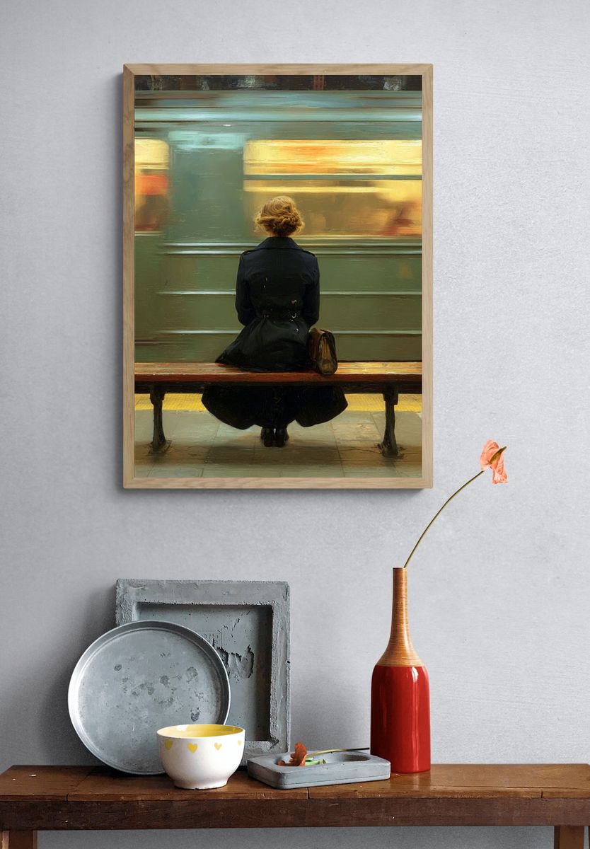 Woman Waiting at Subway — Fine Art Print. — room view 3