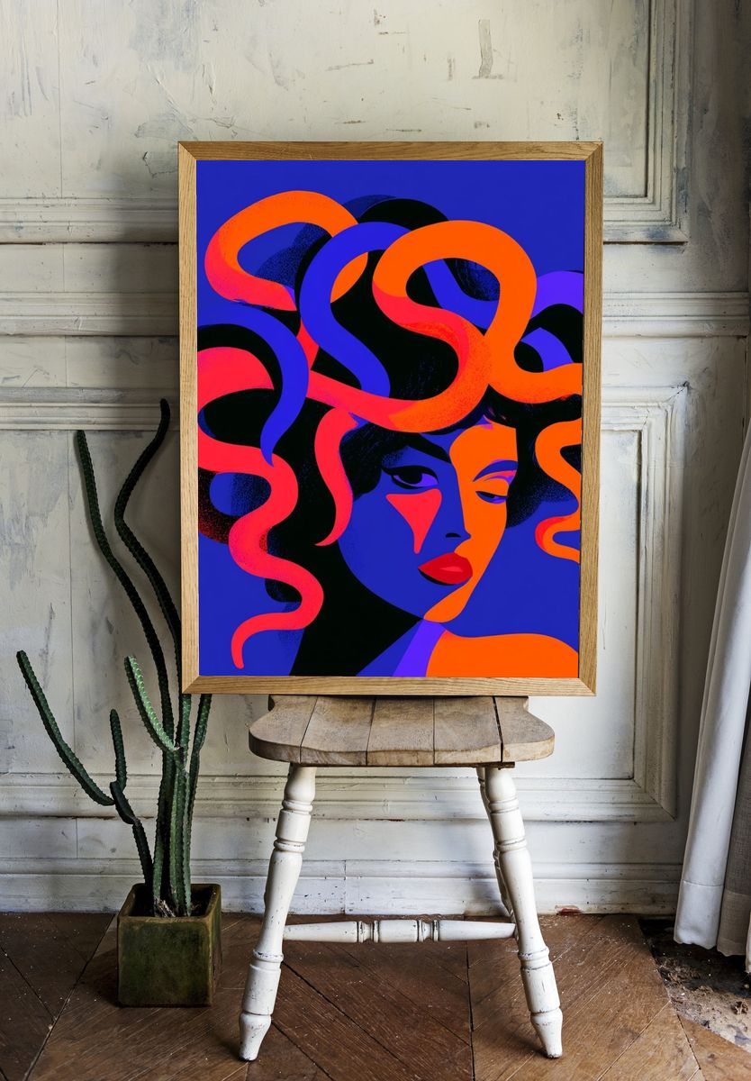 Neon Medusa Portrait Print. room preview