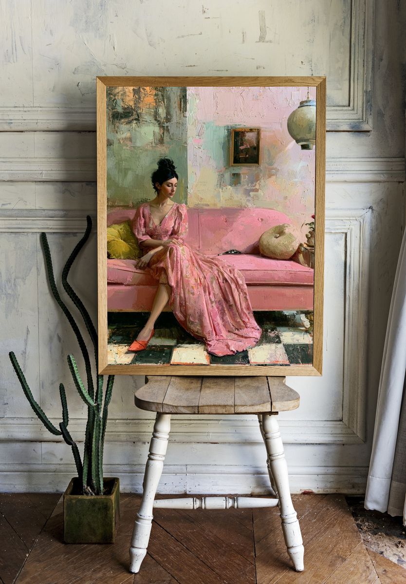 Pink Sofa Portrait Fine-Art Poster. room preview