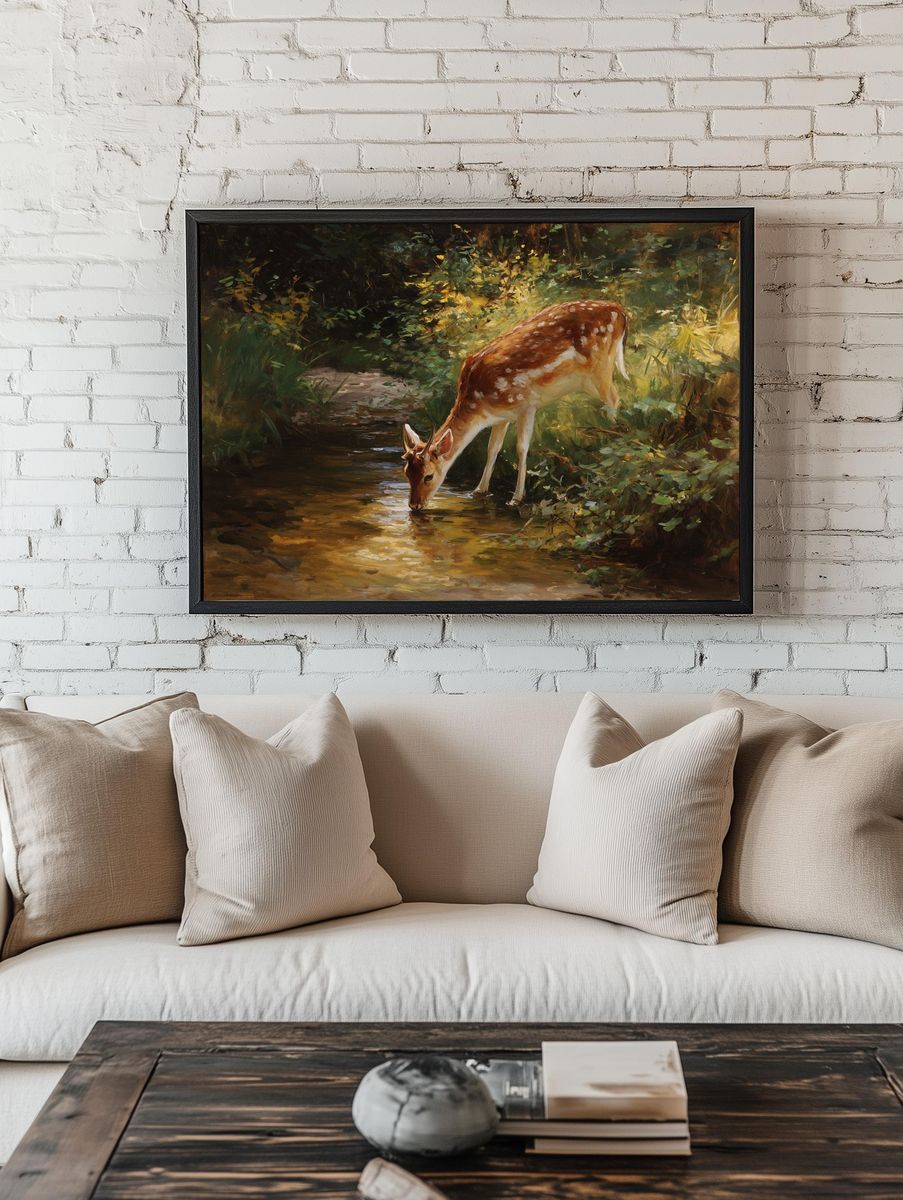 Deer by the Stream — Fine Art Print. — room view 1