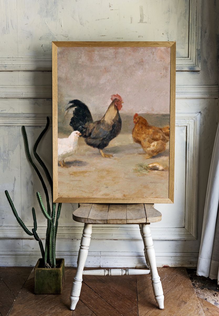 Farmyard Chickens Painting Poster. — room view 1