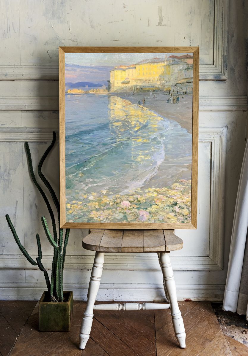 Sunlit Seaside Harbor Print. room preview