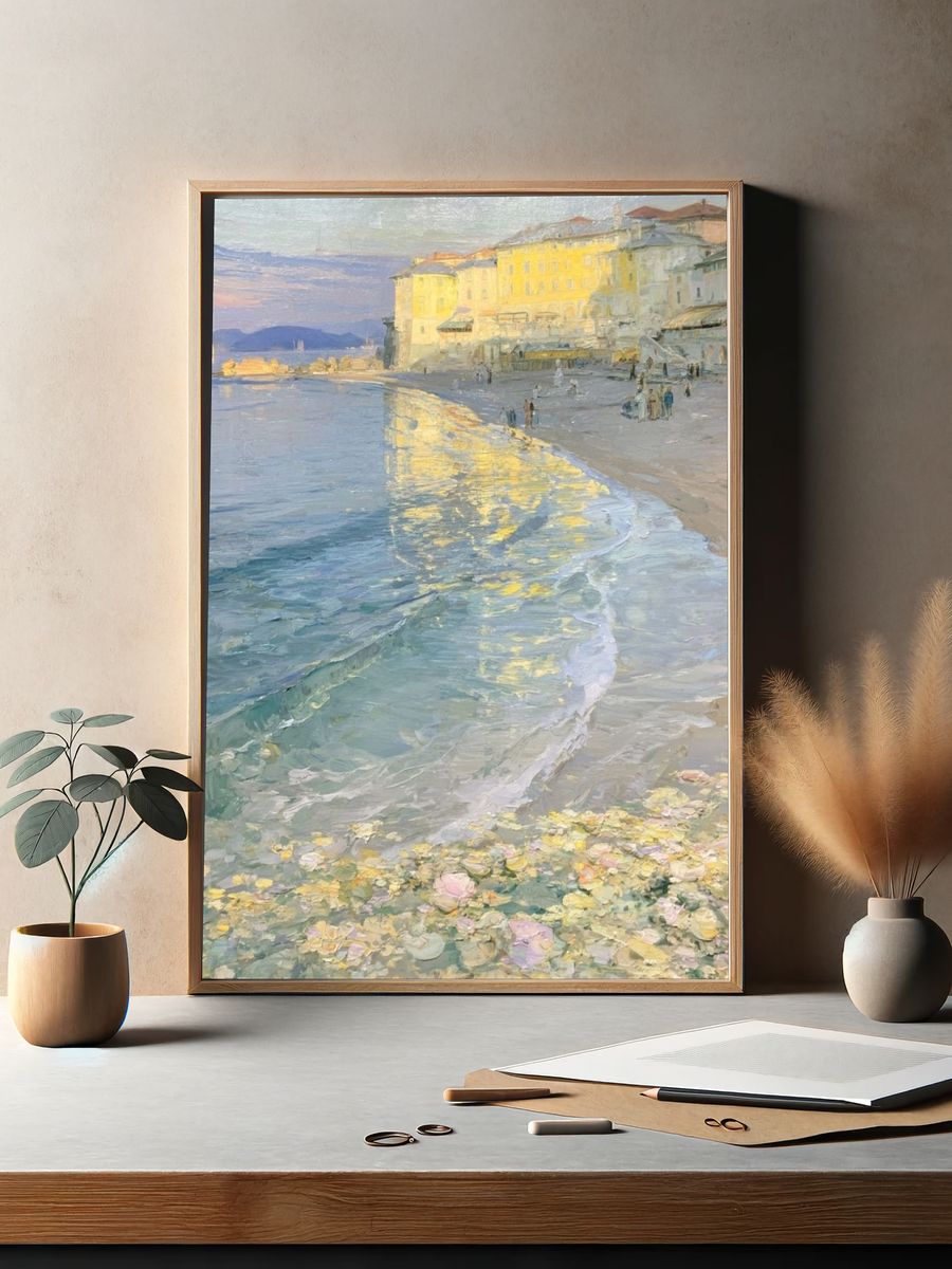 Sunlit Seaside Harbor Print. — room view 2