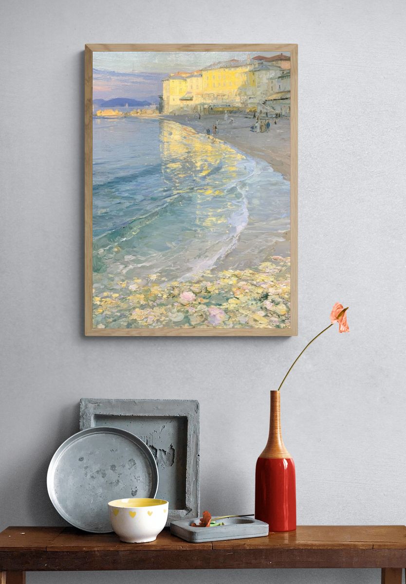 Sunlit Seaside Harbor Print. — room view 3