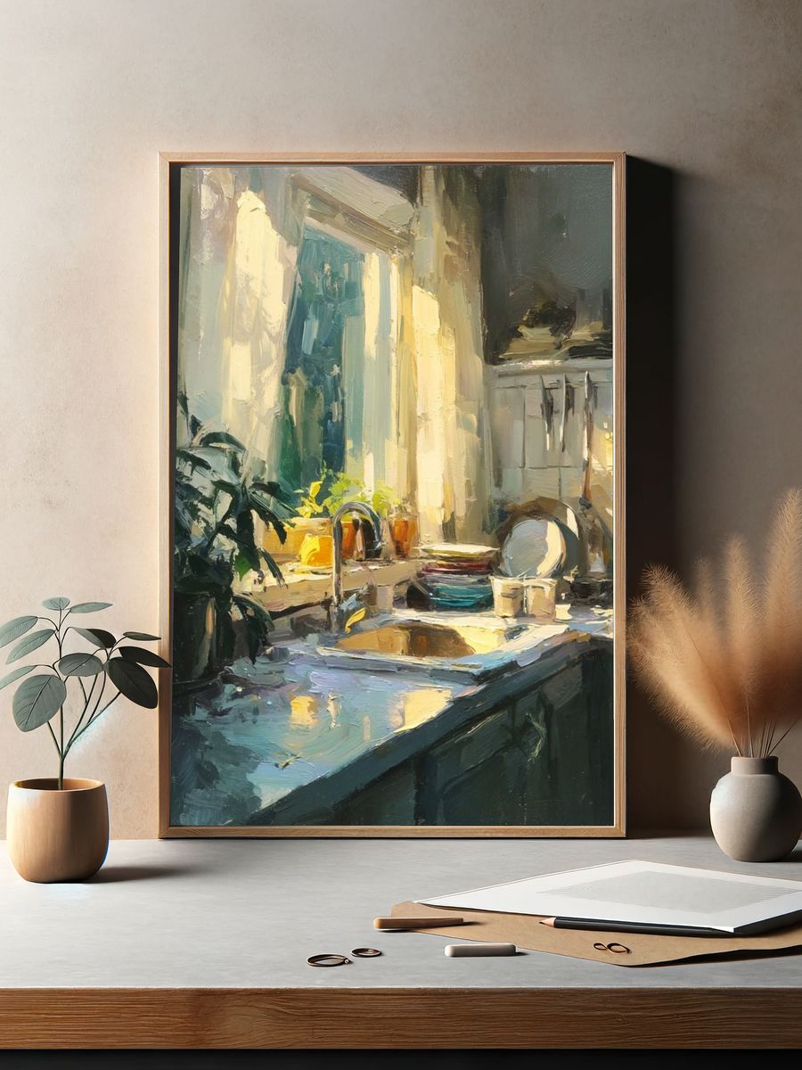 Sunlit Kitchen Interior Painting Poster. — room view 2