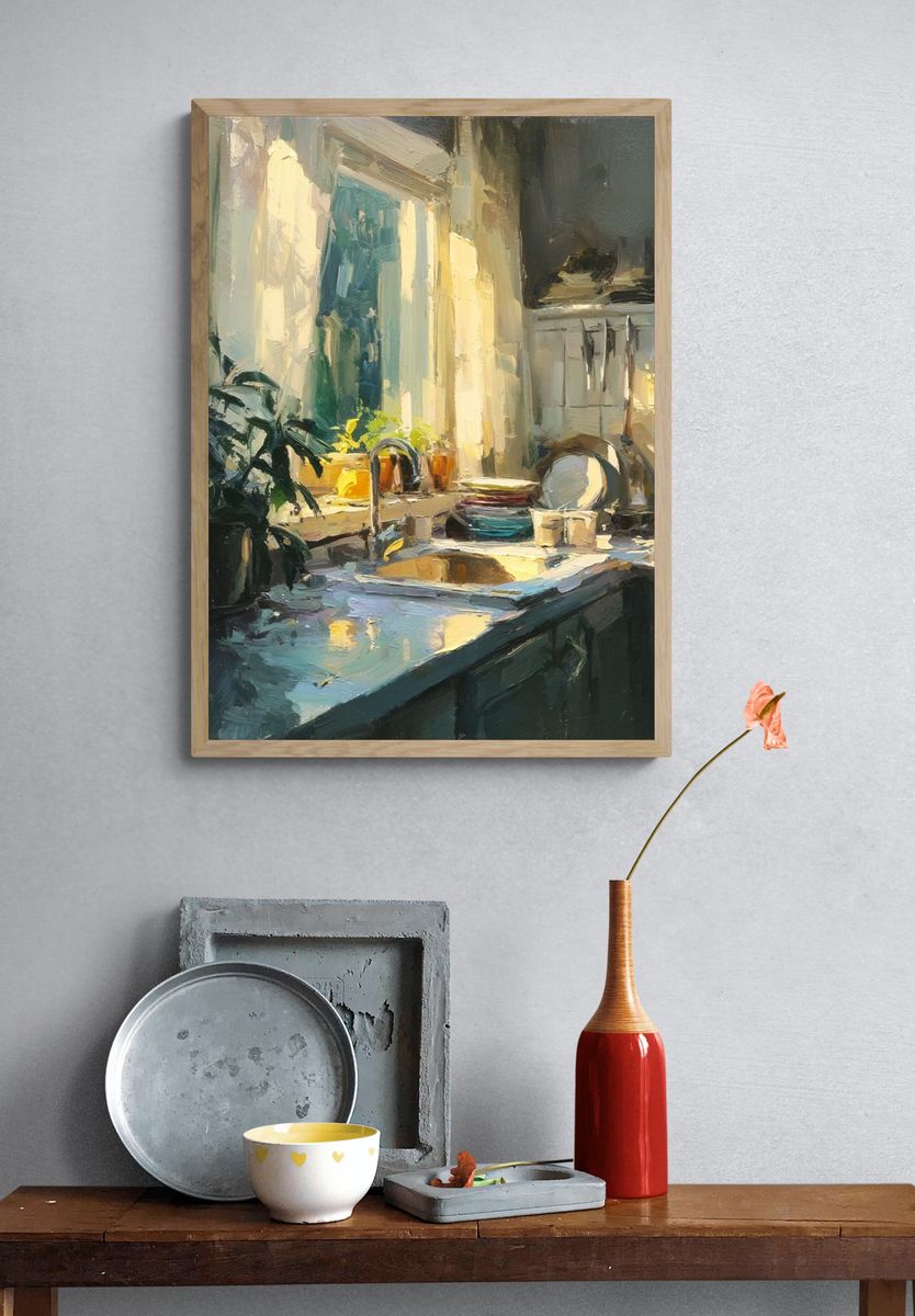 Sunlit Kitchen Interior Painting Poster. — room view 3