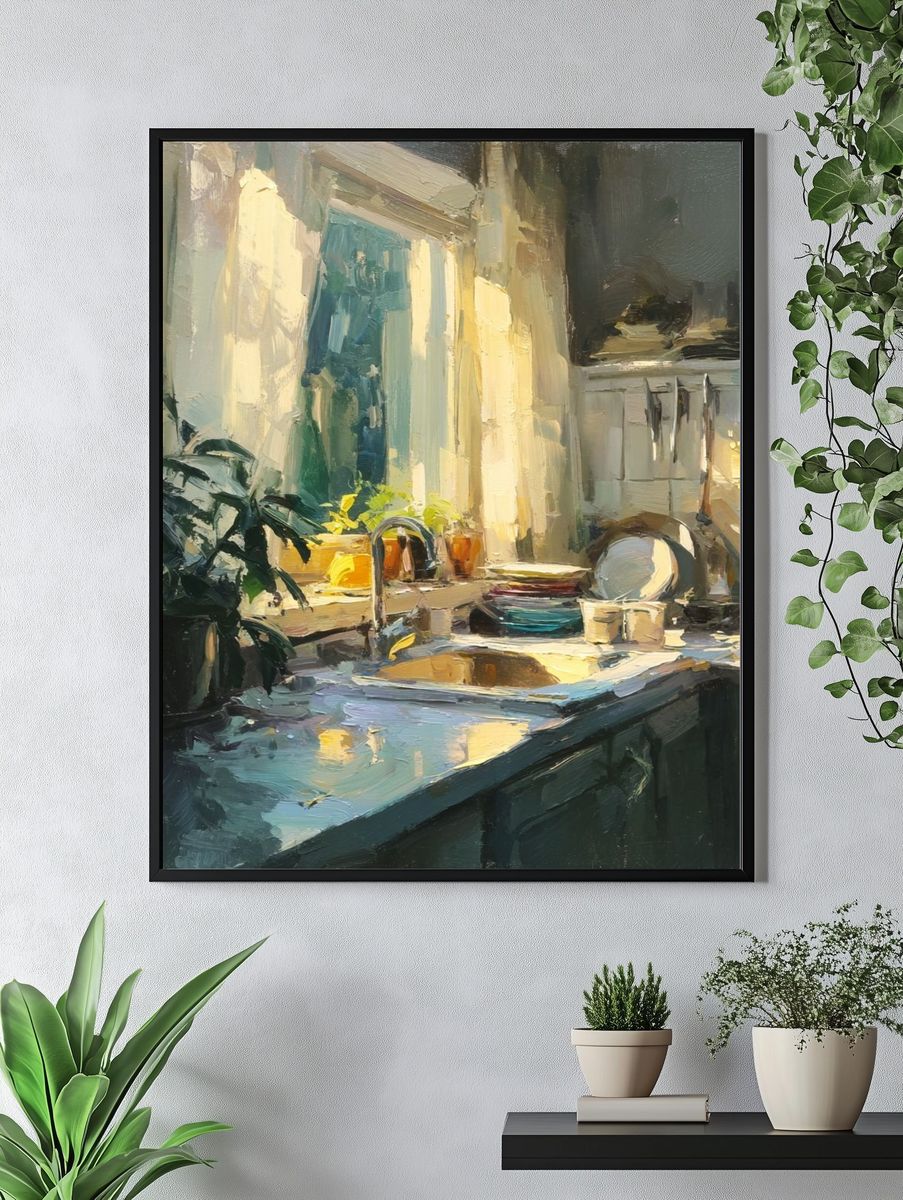 Sunlit Kitchen Interior Painting Poster. — room view 4