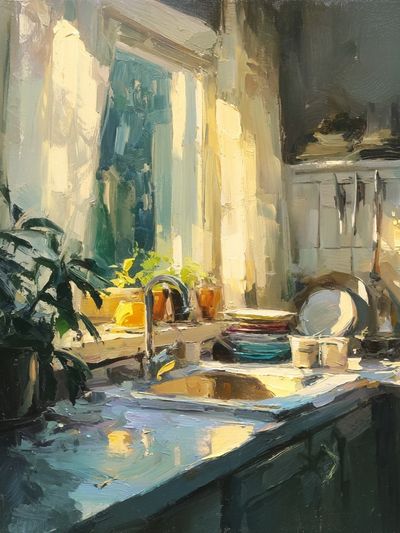 Sunlit Kitchen Interior Painting Poster.