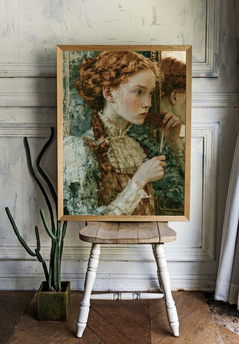 Red-Haired Girl Portrait Print. room preview
