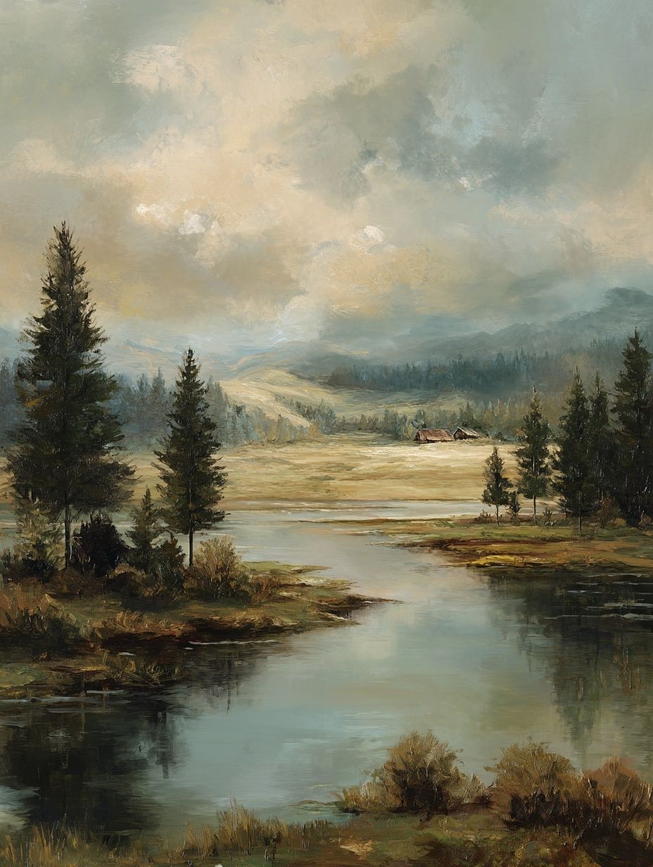 Misty River Valley Landscape Print. poster detail