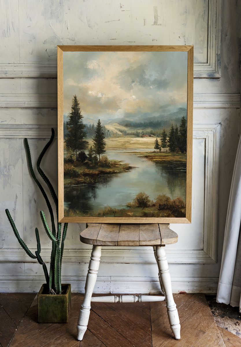 Misty River Valley Landscape Print. room preview