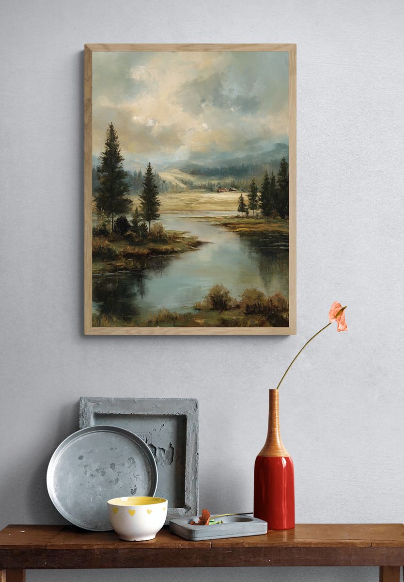 Misty River Valley Landscape Print. — room view 3