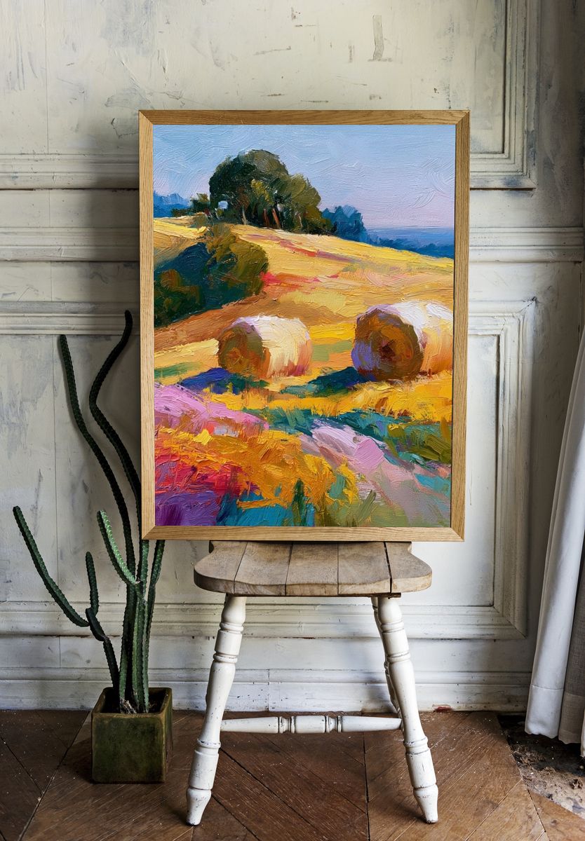 Hay Bales in Sunlit Fields Print. room preview
