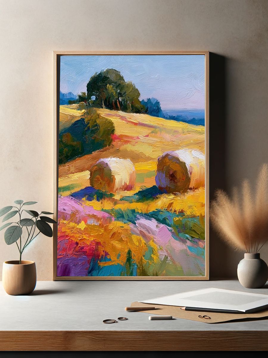 Hay Bales in Sunlit Fields Print. — room view 2
