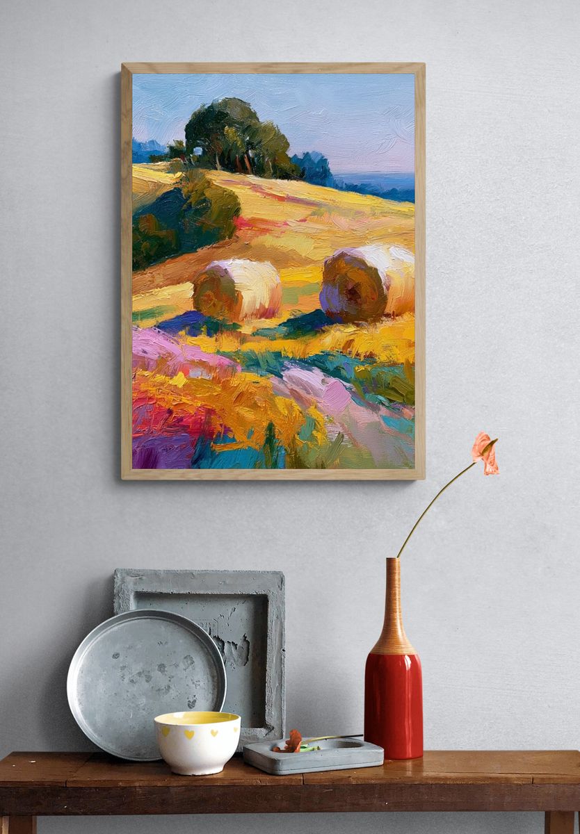 Hay Bales in Sunlit Fields Print. — room view 3