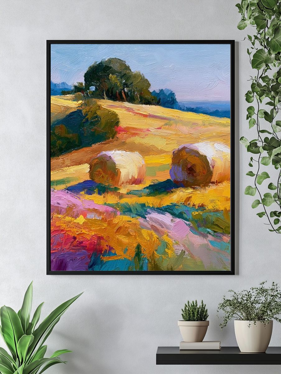 Hay Bales in Sunlit Fields Print. — room view 4