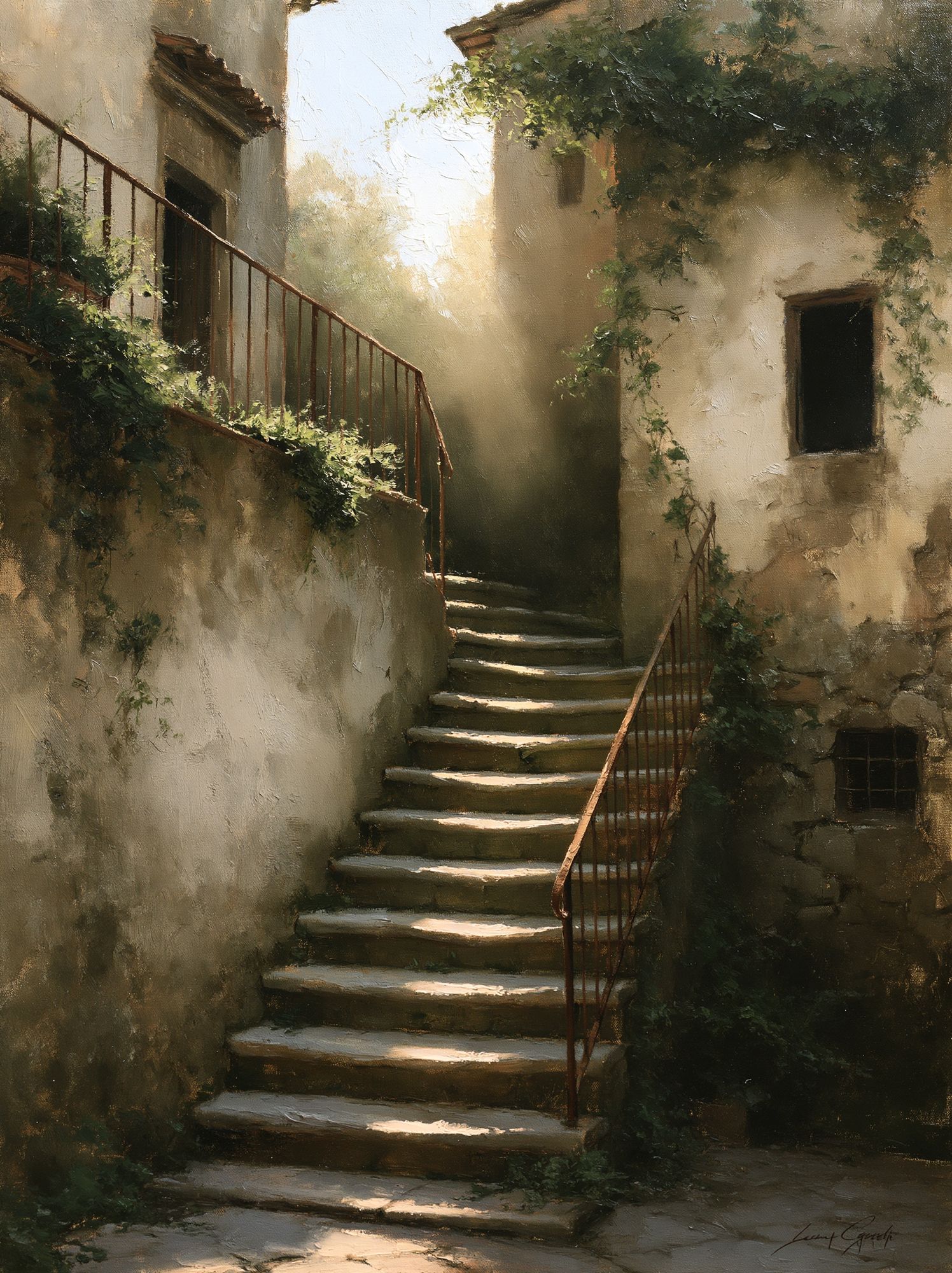 Sunlit Stone Stairway Fine-Art Print. poster — fine-art art