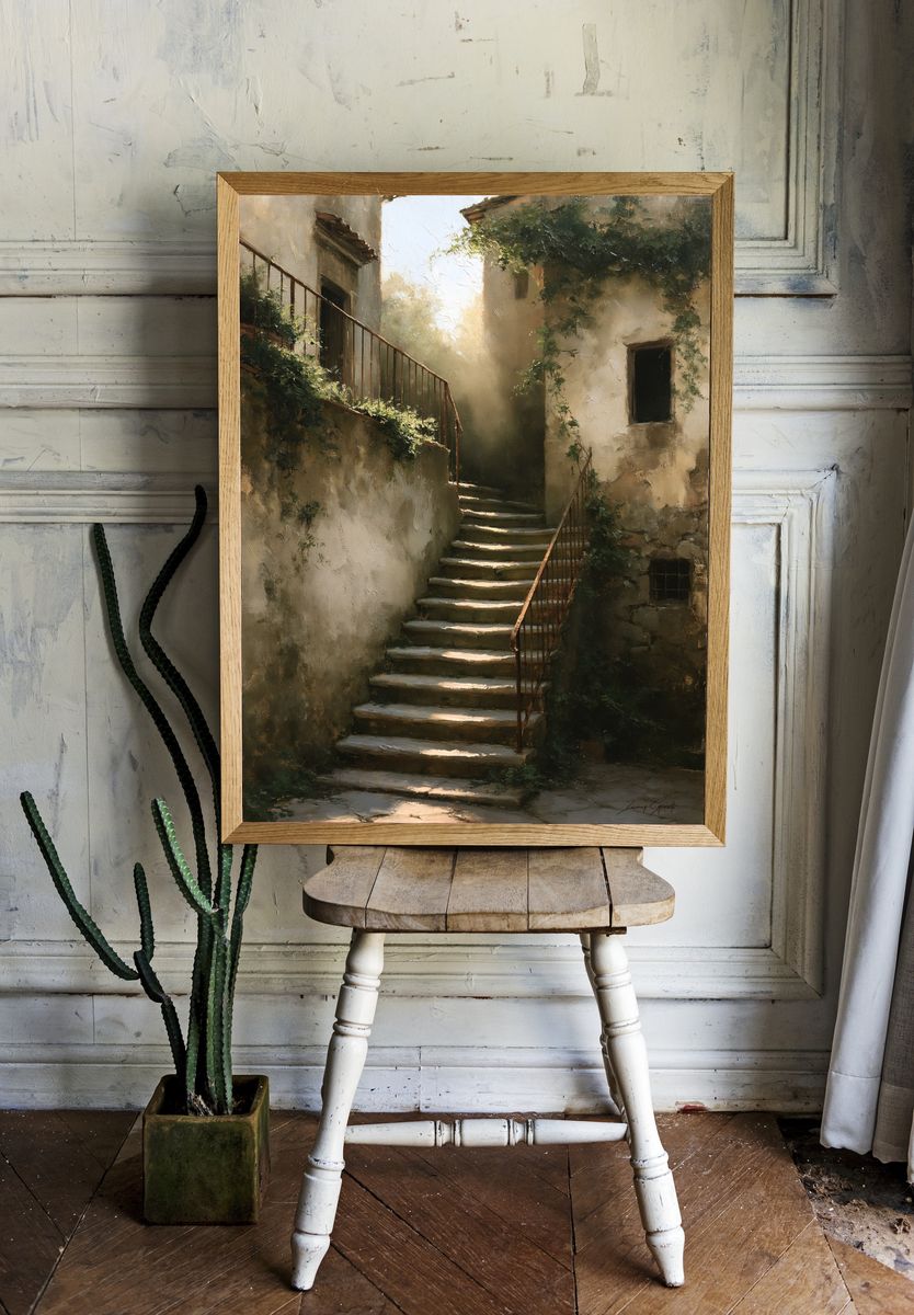 Sunlit Stone Stairway Fine-Art Print. room preview
