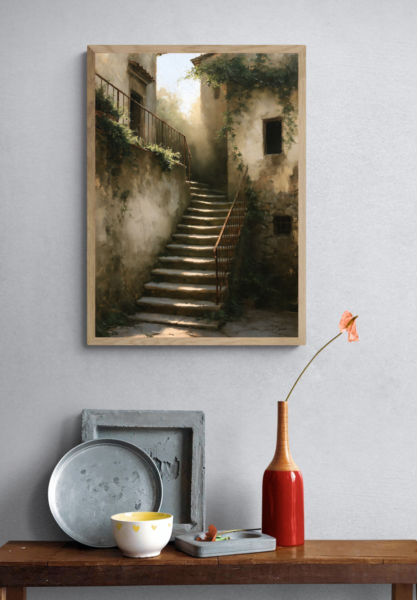 Sunlit Stone Stairway Fine-Art Print. — room view 3