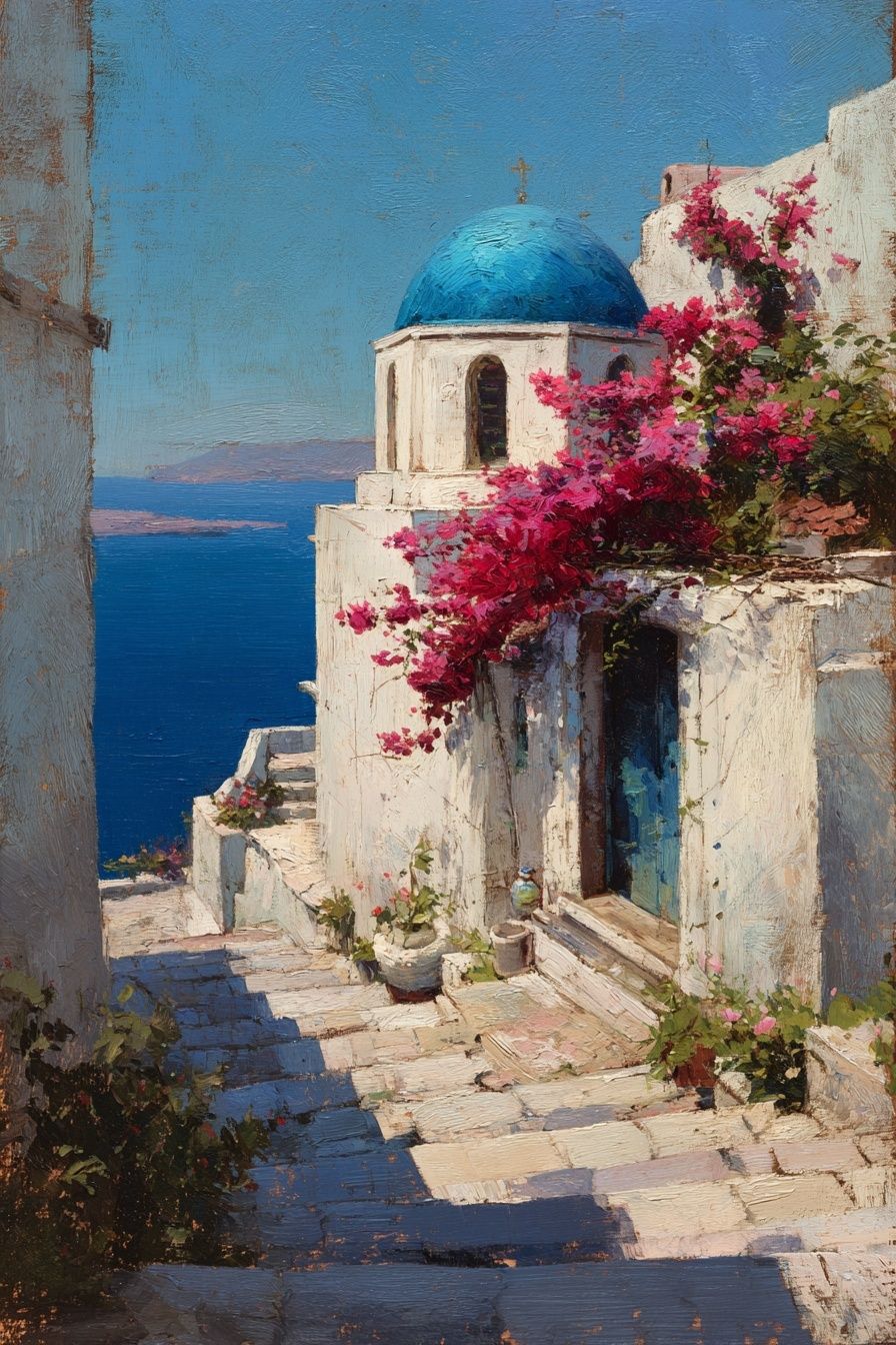 Santorini Seaside Village Painting Poster. poster — fine-art art