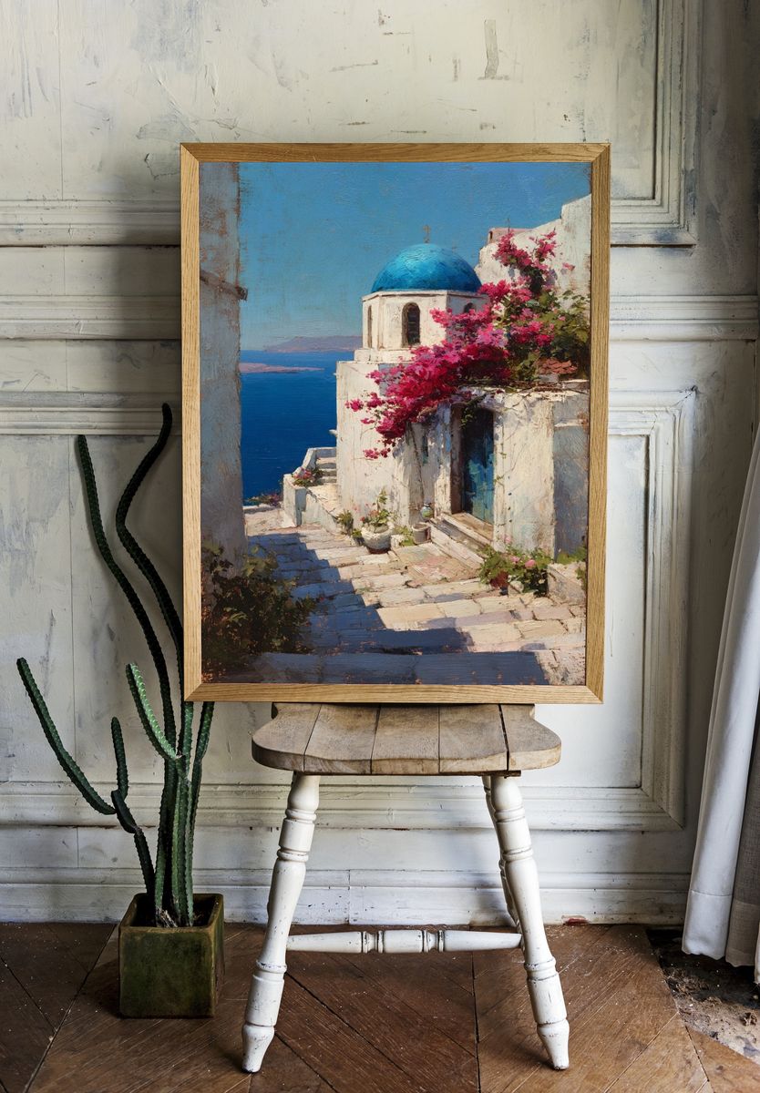 Santorini Seaside Village Painting Poster. room preview