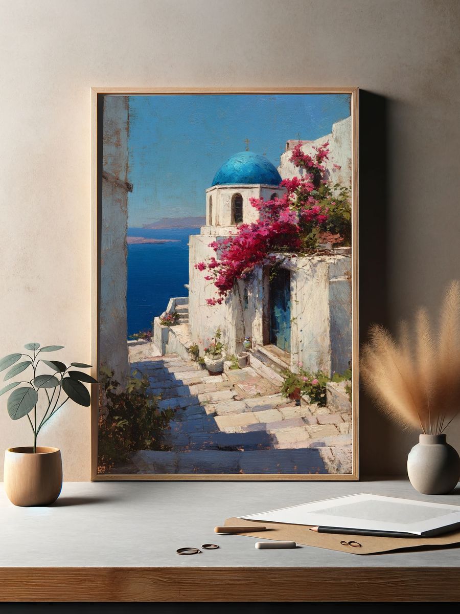 Santorini Seaside Village Painting Poster. — room view 2