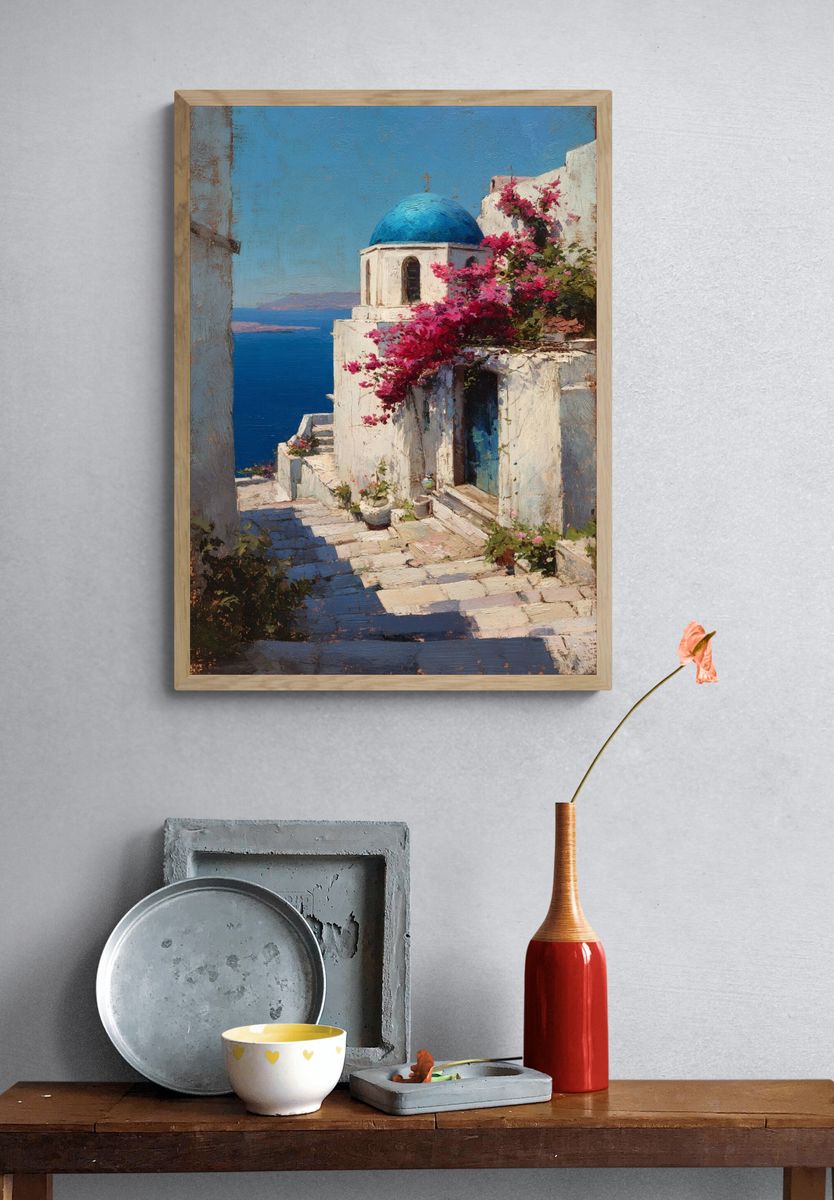 Santorini Seaside Village Painting Poster. — room view 3
