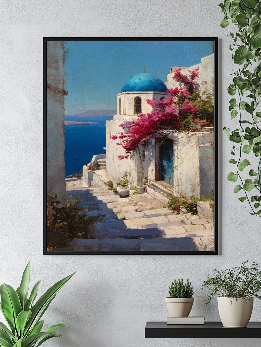 Santorini Seaside Village Painting Poster. — room view 4