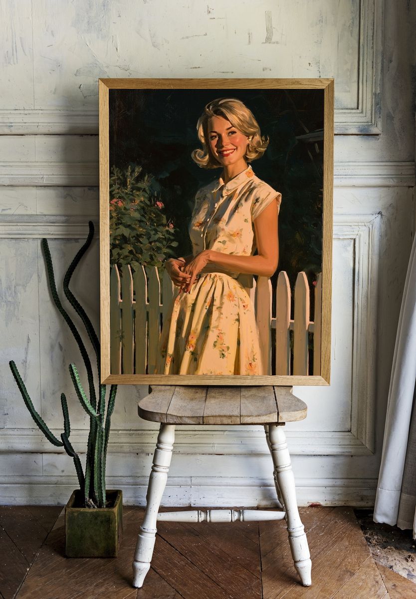 Smiling Woman in Garden Fine-Art Poster. room preview