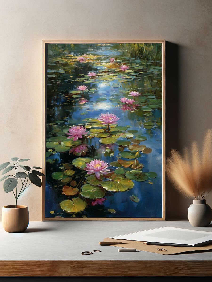 Pink Water Lilies Fine-Art Poster. — room view 2