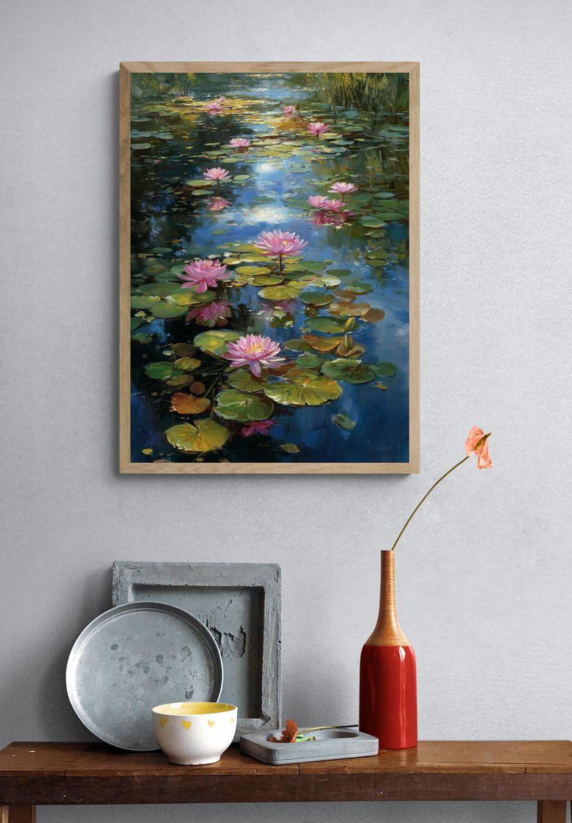 Pink Water Lilies Fine-Art Poster. — room view 3