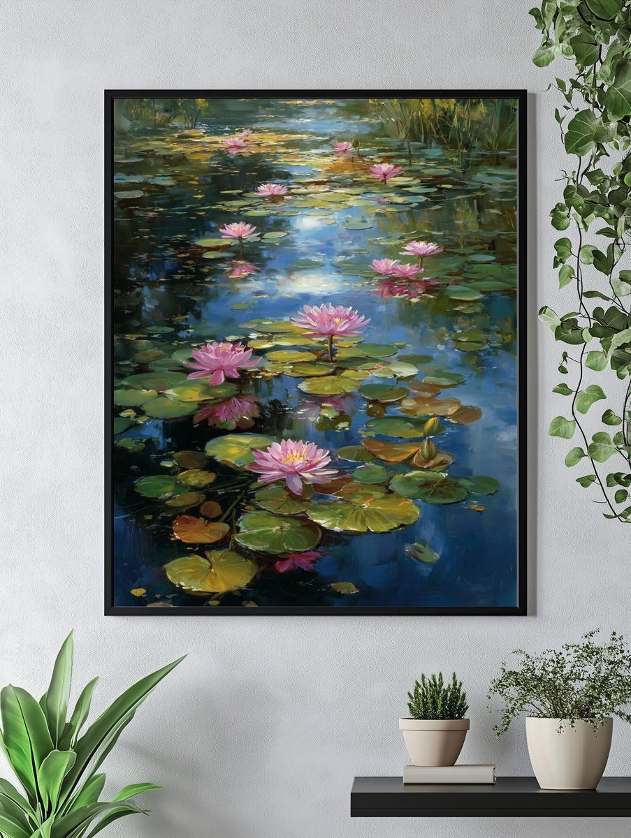 Pink Water Lilies Fine-Art Poster. — room view 4