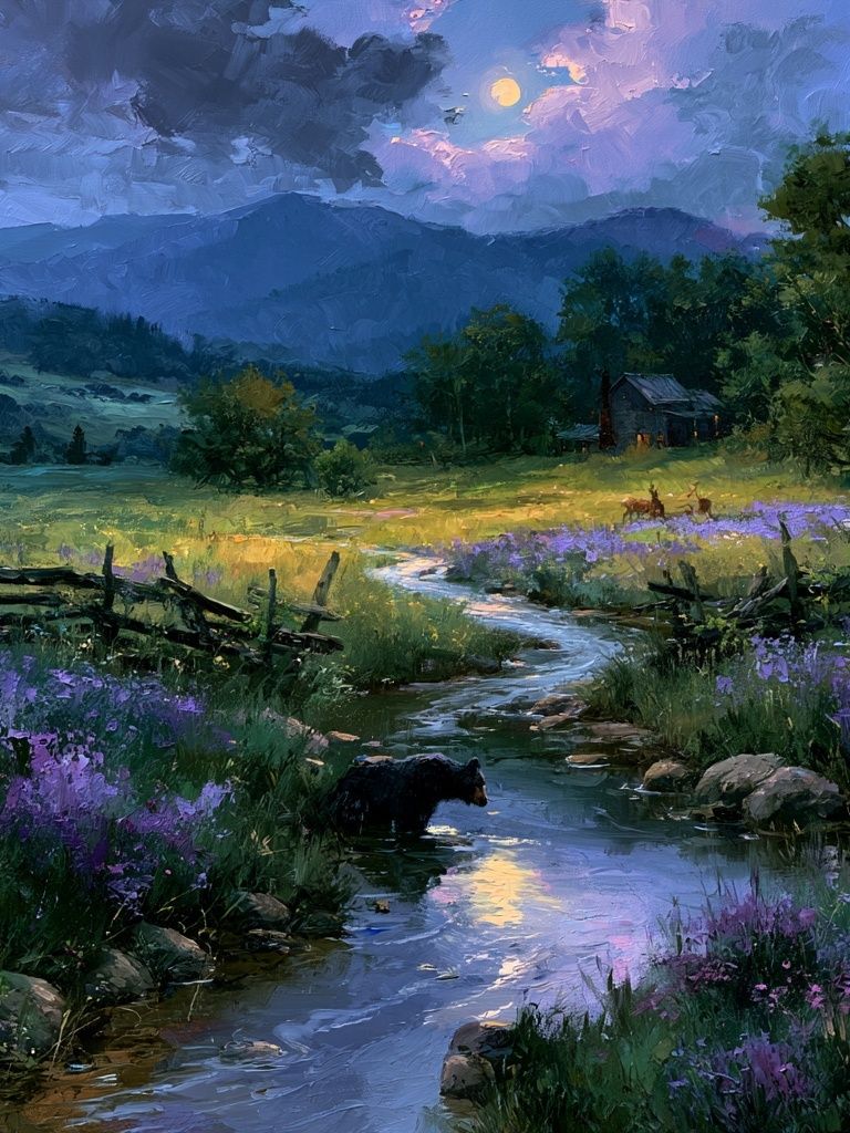 Moonlit Meadow Landscape Print. poster — fine-art art