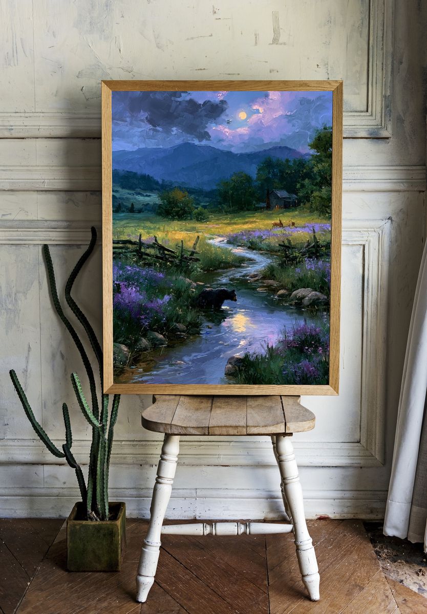 Moonlit Meadow Landscape Print. room preview