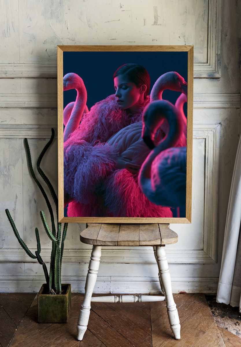 Neon Flamingo Portrait Print. — room view 1