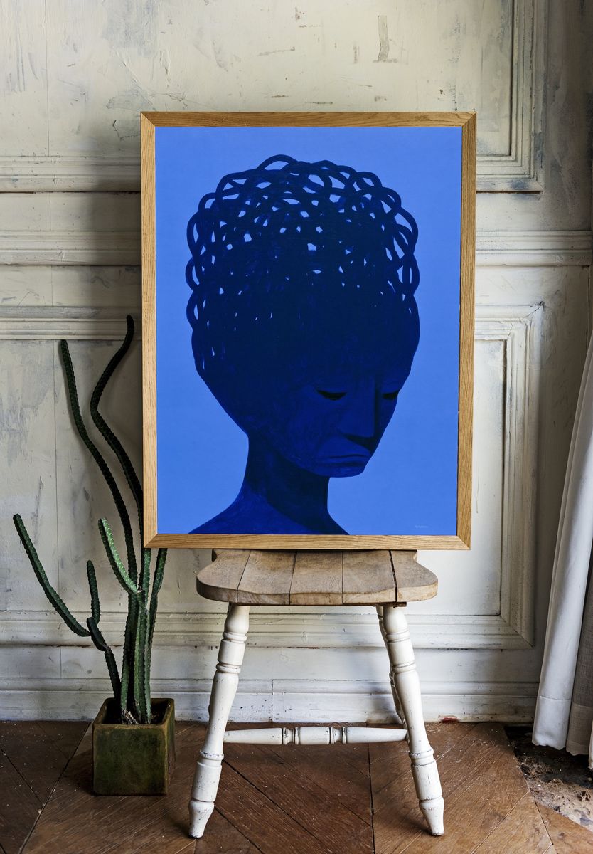 Blue Abstract Portrait Print. room preview