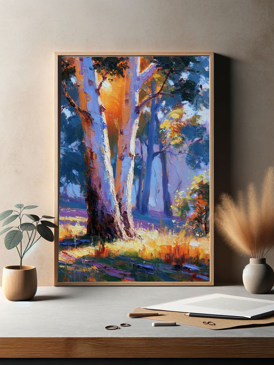 Sunlit Forest Oil Painting Poster. — room view 2