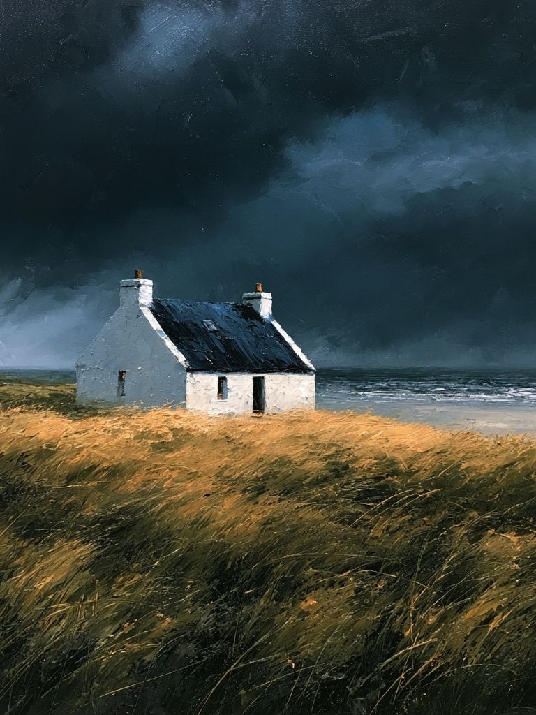 Stormy Coastal Cottage Painting Poster. poster detail