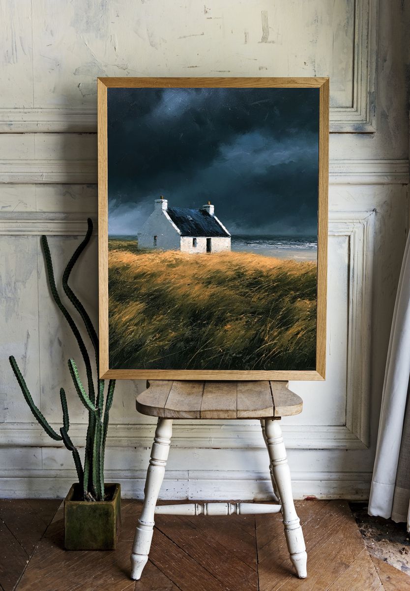 Stormy Coastal Cottage Painting Poster. room preview