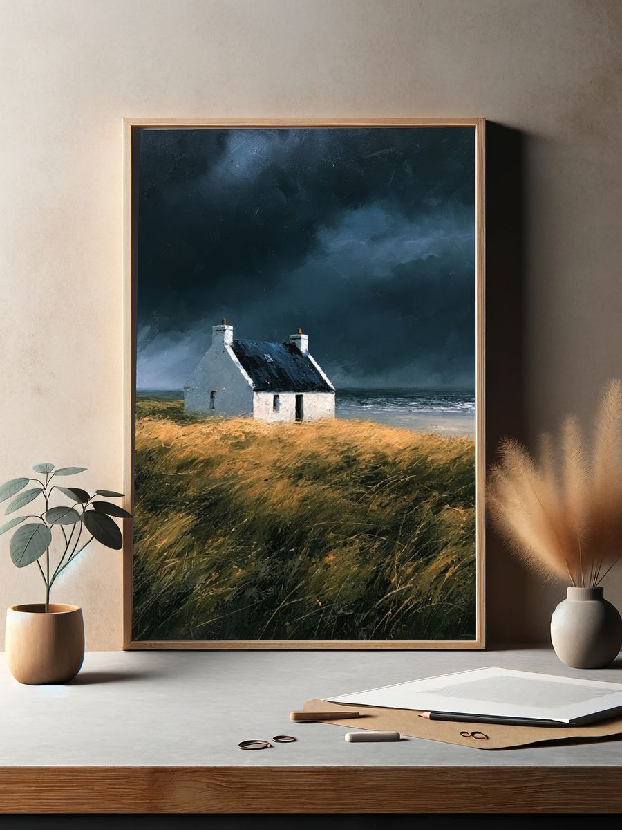 Stormy Coastal Cottage Painting Poster. — room view 2
