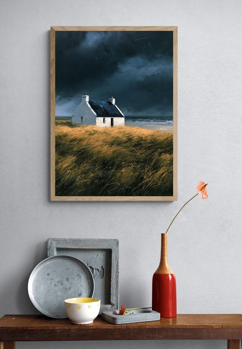 Stormy Coastal Cottage Painting Poster. — room view 3