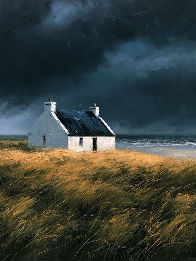 Stormy Coastal Cottage Painting Poster. poster