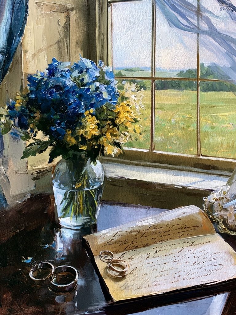 Blue Hydrangeas by the Window Print. poster — fine-art art