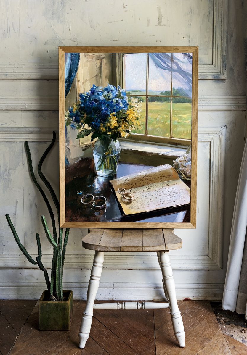 Blue Hydrangeas by the Window Print. room preview