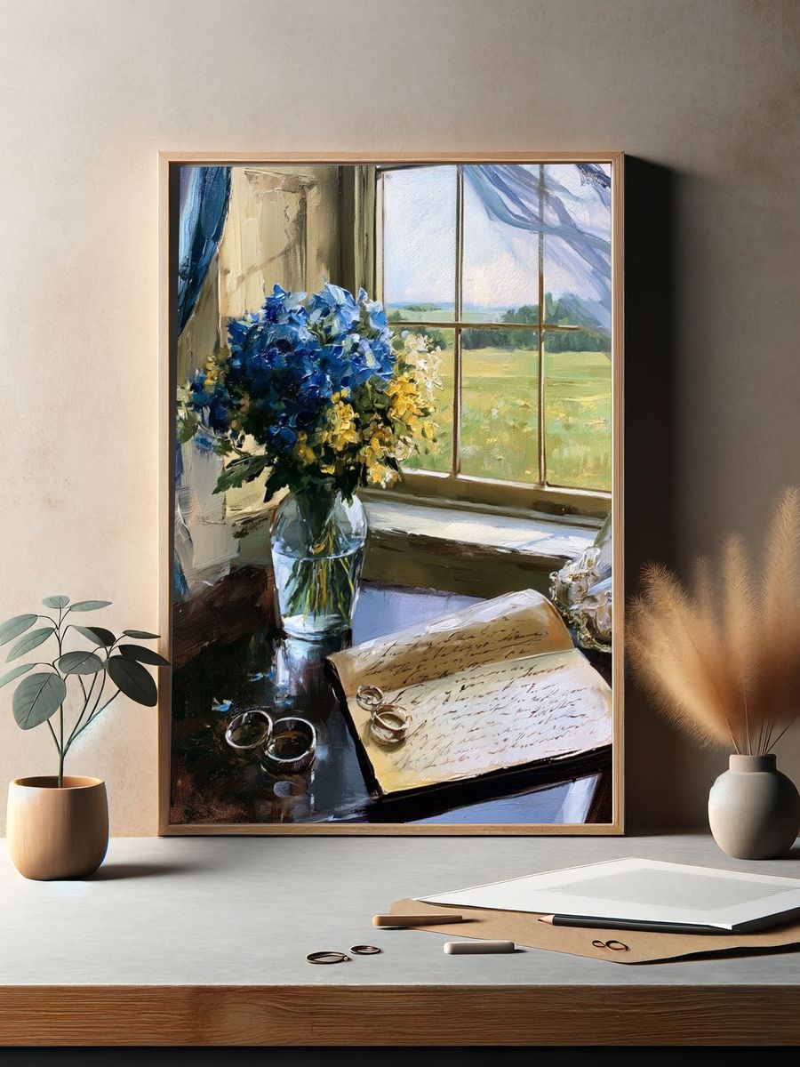 Blue Hydrangeas by the Window Print. — room view 2