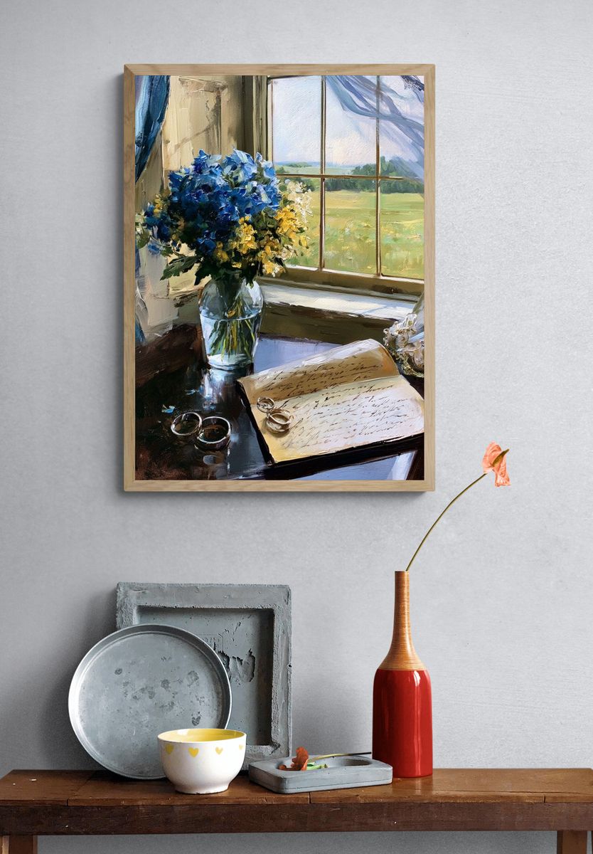 Blue Hydrangeas by the Window Print. — room view 3