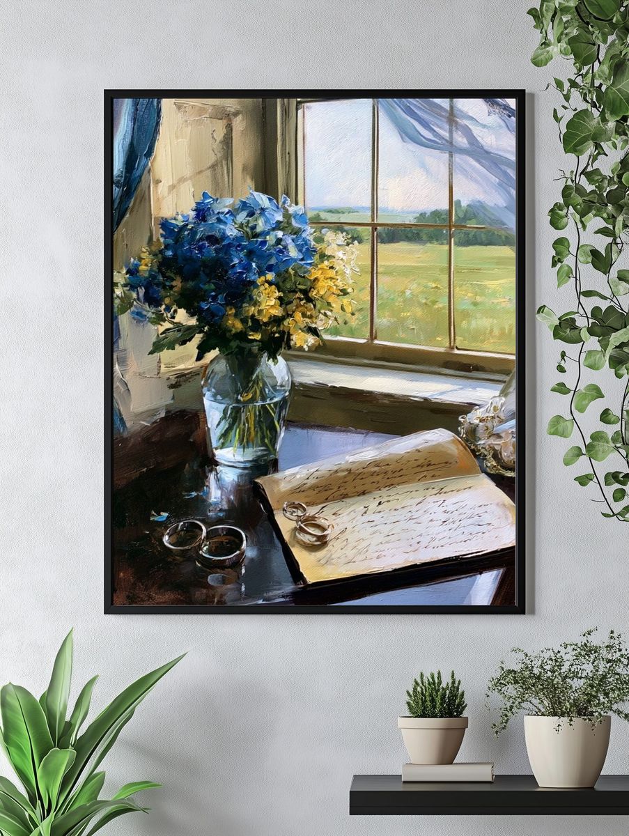 Blue Hydrangeas by the Window Print. — room view 4