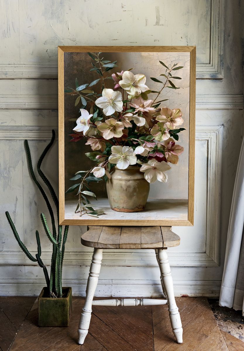 Blush Hellebores Still Life Print. — room view 1