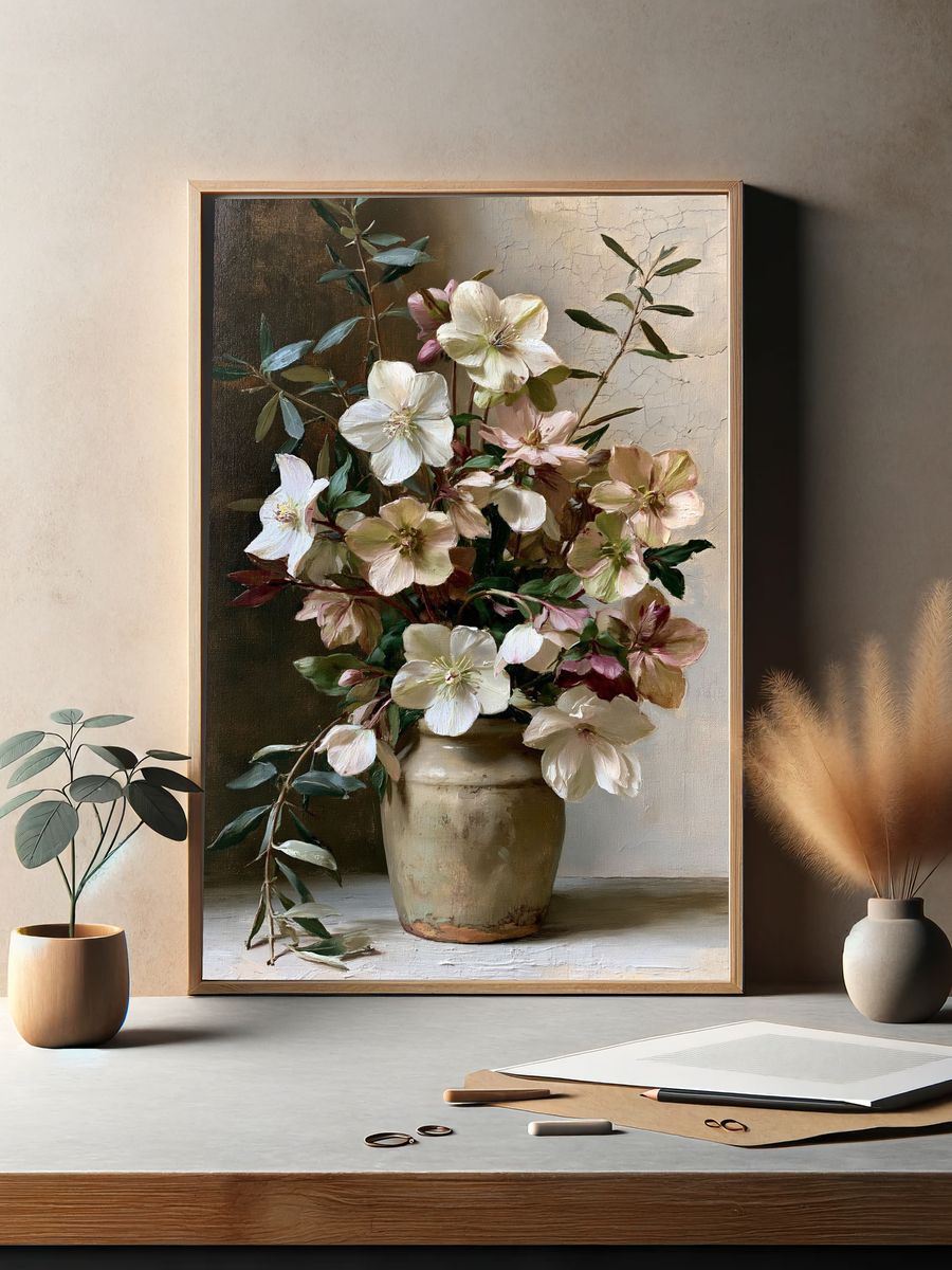 Blush Hellebores Still Life Print. — room view 2
