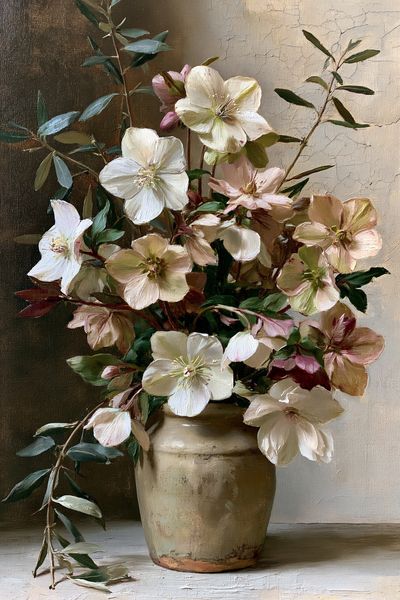 Blush Hellebores Still Life Print.